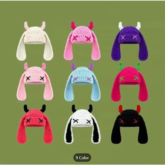 Deep Pink Devil Horn Beanie Hat – Plush Winter Cap with Black Horns & X Eyes